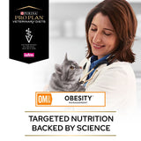 Purina Pro Plan Veterinary Diets OM St/Ox Obesity Management. Targeted nutrition backed by science. Veterinary clinical nutrition and ISFM logos visible.