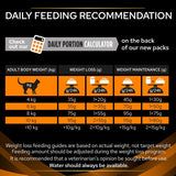 Daily feeding recommendation chart showing weight loss and maintenance portions by adult body weight in kilograms, with guidance to adjust amounts and ensure water is always available.