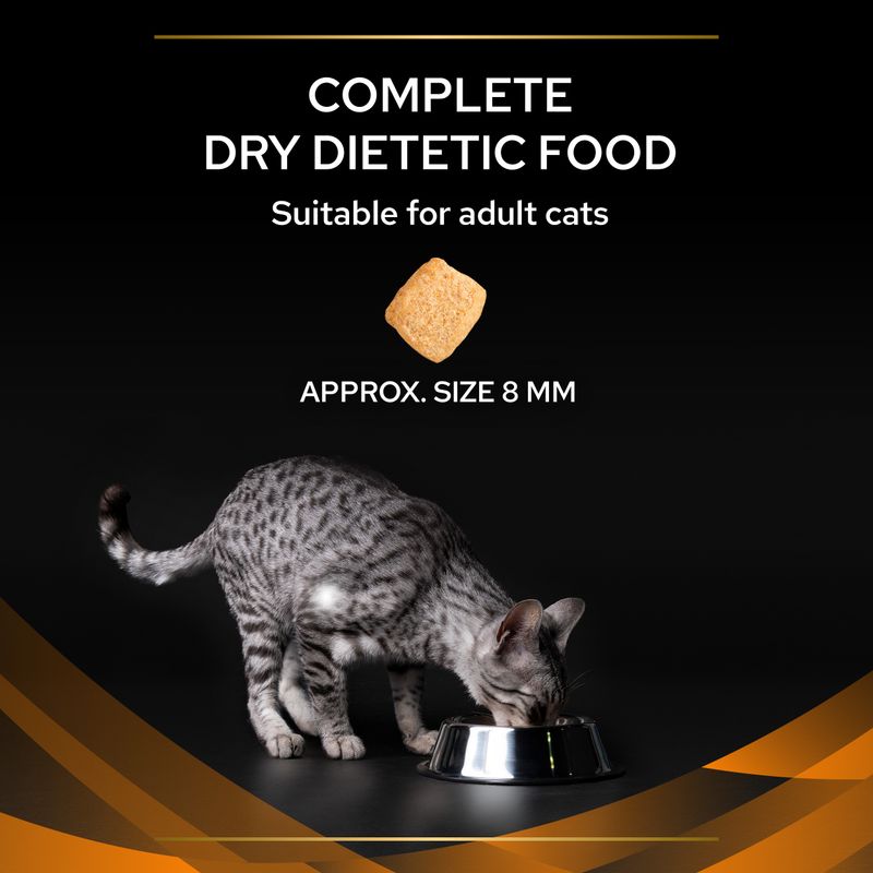 Complete dry dietetic food for adult cats, showing a kibble piece approximately 8 mm in size and a cat eating from a bowl.