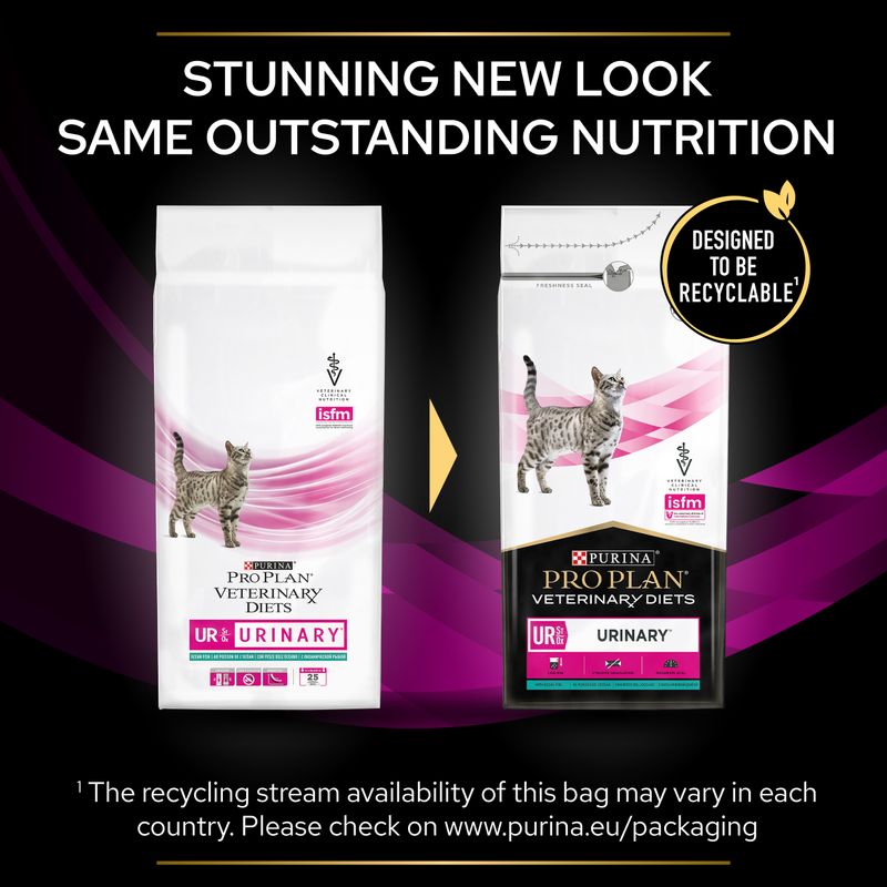 Comparison of old and new packaging for Pro Plan Veterinary Diets Urinary, highlighting a new recyclable design with the message 'Stunning new look, same outstanding nutrition'.