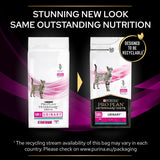Comparison of old and new packaging for Pro Plan Veterinary Diets Urinary, highlighting a new recyclable design with the message 'Stunning new look, same outstanding nutrition'.