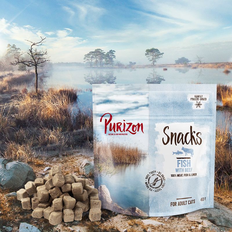 Purizon Snacks, gently freeze-dried fish with beef, 100% meat, fish and liver, for adult cats, 40g pack shown with cube-shaped treats beside it.