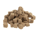 Brown, cube-shaped dry food pieces stacked. Product image without packaging.