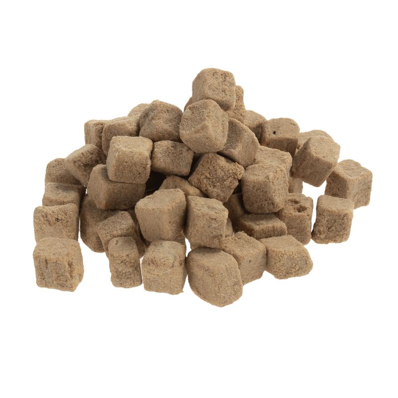 Brown, cube-shaped dry food pieces stacked. Product image without packaging.