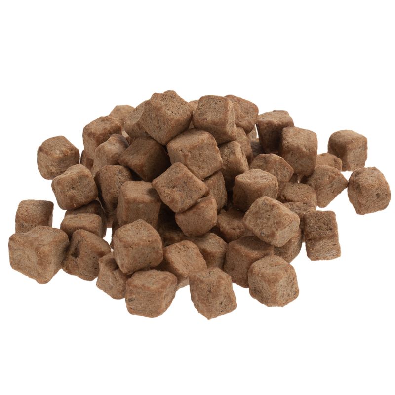 Brown, cube-shaped dry food pieces stacked. Product image shows the shape and texture of the food cubes.