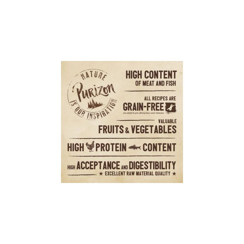 Purizon. High meat and fish content, grain-free, valuable fruits and vegetables, high protein content, high acceptance and digestibility, excellent raw material quality.