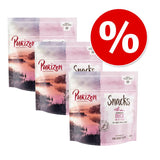 Purizon Snacks Duck with Fish, 100% meat, fish & liver, gently freeze-dried, for adult cats, visible on three packs. Large red percentage discount symbol top right.