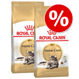 Two bags of Royal Canin Adult Maine Coon cat food with a large red percentage discount symbol in the top right corner. Visible text: Joint Support, Feline Breed Nutrition.