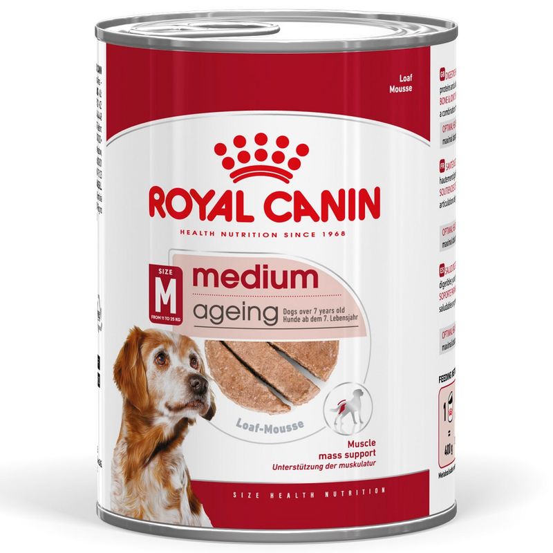 Royal Canin Medium Ageing Loaf Mousse, for dogs over 7 years old, muscle mass support, size M from 11 to 25 kg, 400g tin