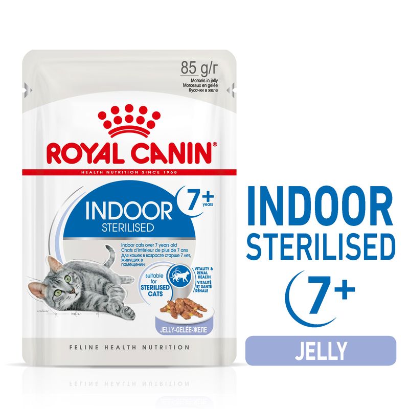 Indoor sterilised 7+ years, suitable for sterilised cats, jelly, vitality and renal health. 85g pouch. For indoor cats over 7 years old.