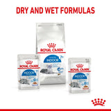 Royal Canin Indoor 7+ dry and wet food formulas shown, with packaging for sterilised and standard variants. Text reads: Dry and Wet Formulas.