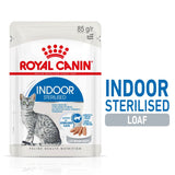 Royal Canin Indoor Sterilised Loaf, suitable for sterilised cats, digestive and urinary health, 85g pouch. Text: Indoor Sterilised Loaf.