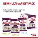 Royal Canin Sensory multi-variety pack includes 12 pouches: 4 Smell, 4 Taste, and 4 Feel, providing a full sensorial experience. Each pouch contains 85g.