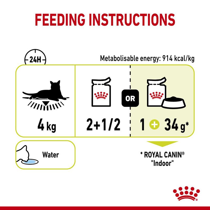 Feeding instructions: for a 4kg pet, feed either 2 and a half pouches daily or 1 pouch plus 34g dry food. Ensure fresh water is available. Metabolisable energy: 914 kcal/kg.