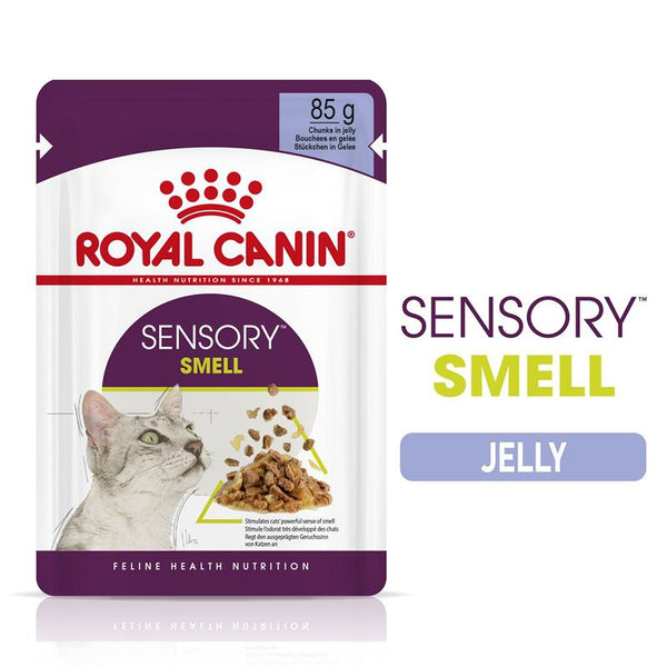 Sensory Smell chunks in jelly, 85g. Feline health nutrition. Stimulates powerful sense of smell. Jelly variety highlighted.