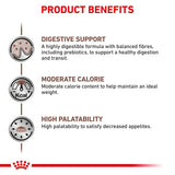 Product benefits: Digestive support with balanced fibres and prebiotics, moderate calorie content for ideal weight, high palatability to satisfy decreased appetites.