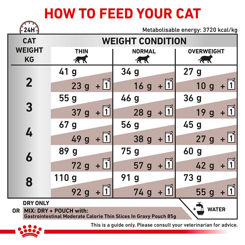 Feeding guide chart showing daily dry and mixed food amounts by cat weight and condition: thin, normal, overweight. Includes pouch mixing instructions and water reminder.