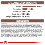Analytical constituents: protein 35%, fat content 13%, crude ash 7.8%, crude fibres 5.2%, omega-6 fatty acids 3.14%. Ingredients and additives list shown below.