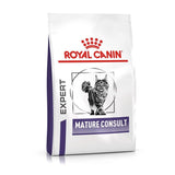 Bag labelled Royal Canin Expert Mature Consult with image of a cat on the front.