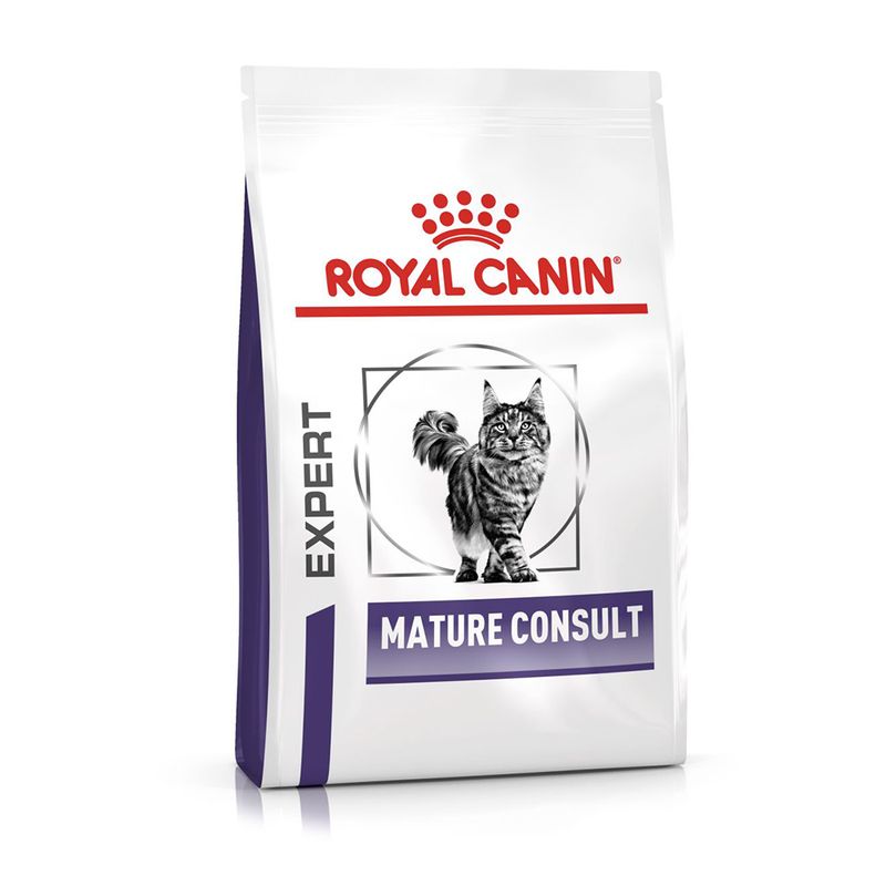 Bag labelled Royal Canin Expert Mature Consult with image of a cat on the front.