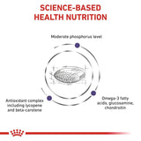 Science-based health nutrition with moderate phosphorus, antioxidant complex including lycopene and beta-carotene, omega-3 fatty acids, glucosamine, and chondroitin.