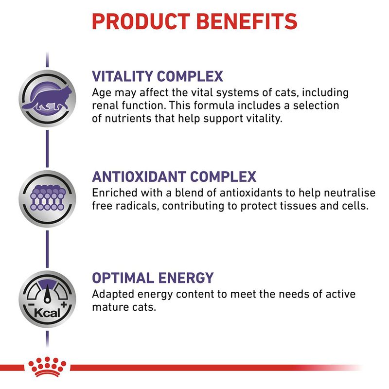 Product benefits: vitality complex supports vital systems, antioxidant complex helps protect tissues and cells, optimal energy content for active mature cats.