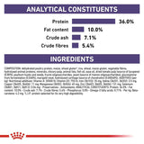 Analytical constituents: protein 36.0%, fat content 10.0%, crude ash 7.1%, crude fibres 5.4%. Ingredients list and nutritional additives are shown in detail.