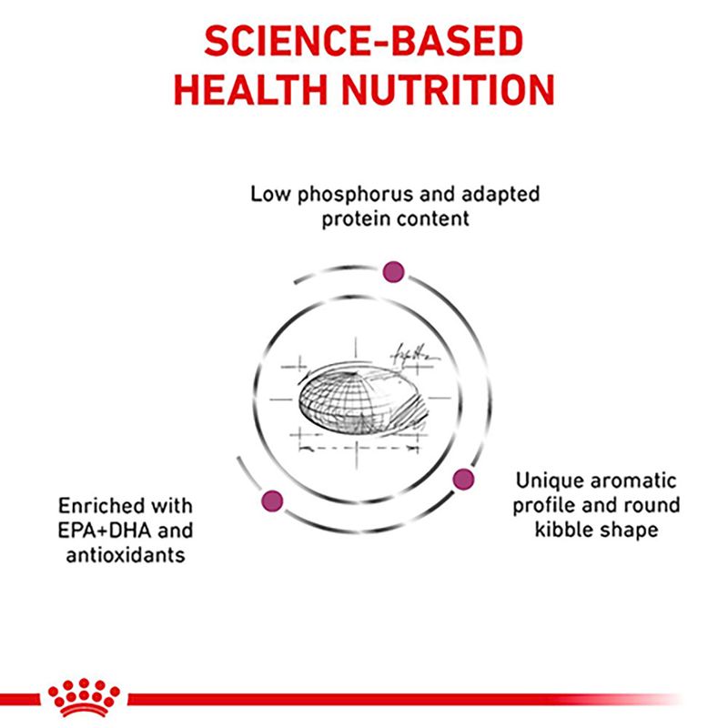 Science-based health nutrition with low phosphorus and adapted protein, enriched with EPA+DHA and antioxidants, unique aromatic profile and round kibble shape.