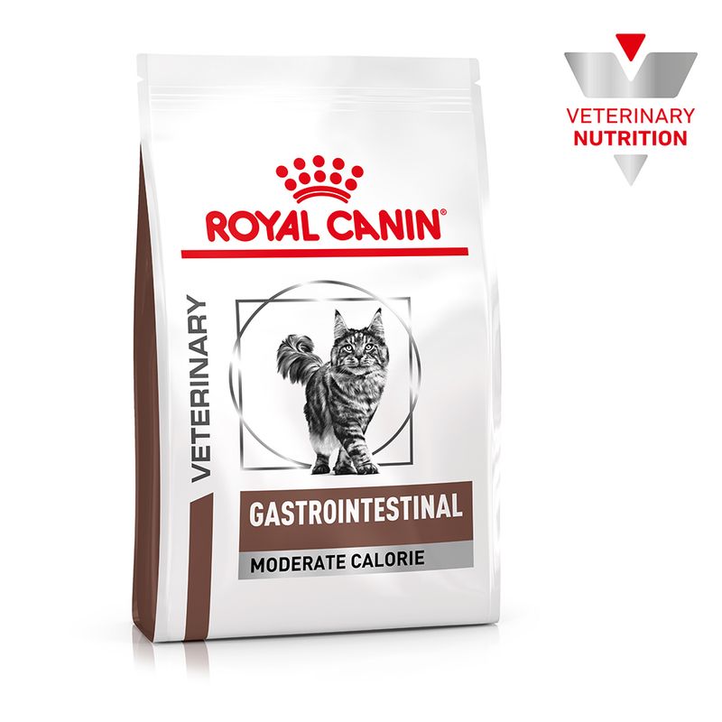 Royal Canin Veterinary Gastrointestinal Moderate Calorie cat food. Packaging with cat and Veterinary Nutrition logo.