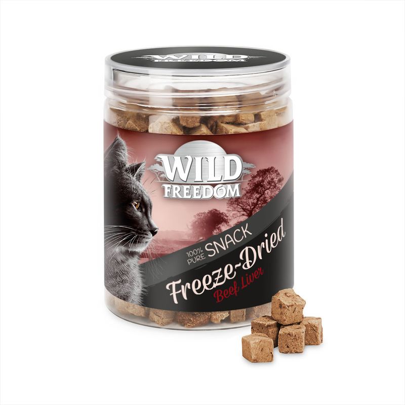 Wild Freedom Freeze-Dried Beef Liver, 100% pure snack in cube form. Packaging shows black cat head and landscape in background.