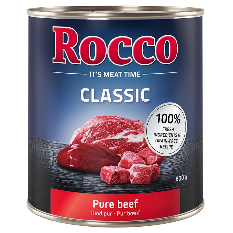 Rocco Classic Pure Beef, 800g can. 100% fresh ingredients and grain-free recipe.