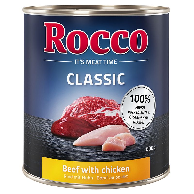 Rocco Classic beef with chicken, 800g can. 100% fresh ingredients and grain-free recipe.