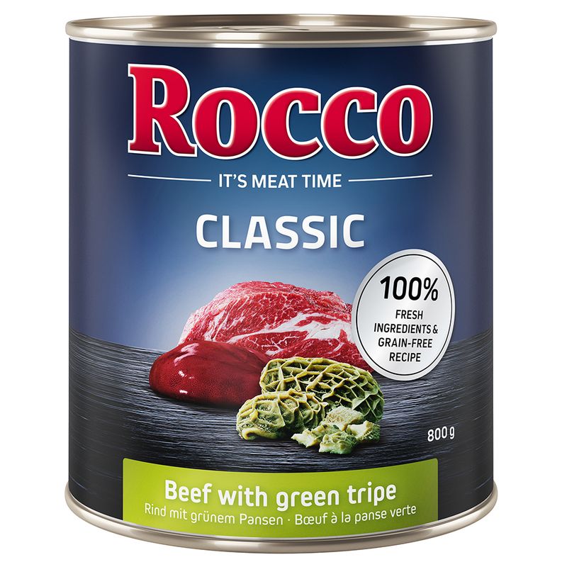 Rocco Classic beef with green tripe, 800g can. 100% fresh ingredients and grain-free recipe.