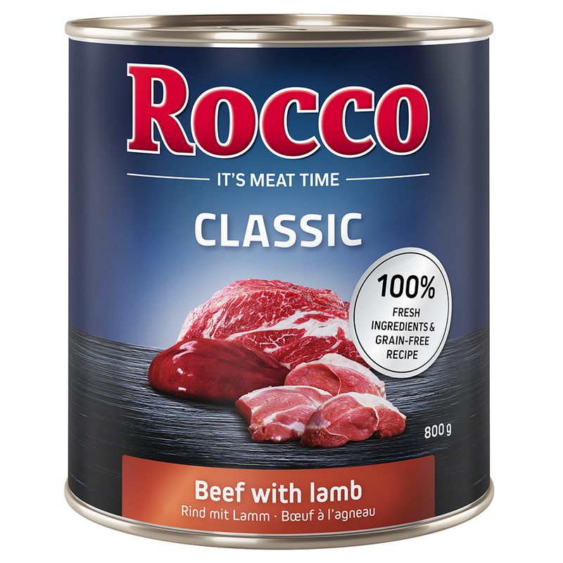 Rocco Classic can, beef with lamb, 800g. 100% fresh ingredients and grain-free recipe.