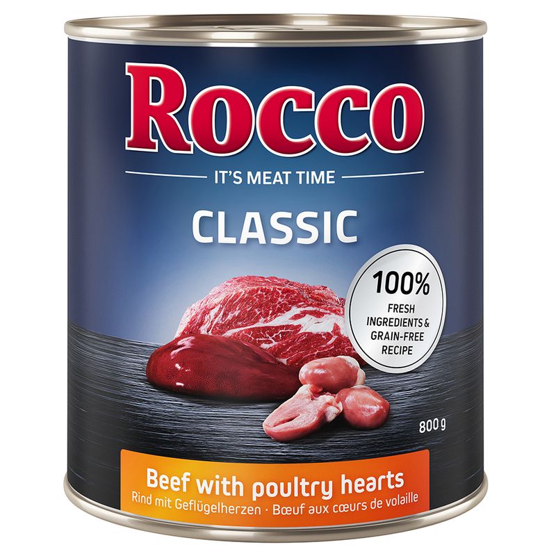 Rocco Classic can, 800g. Beef with poultry hearts, 100% fresh ingredients and grain-free recipe.