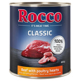 Rocco Classic can, 800g. Beef with poultry hearts, 100% fresh ingredients and grain-free recipe.
