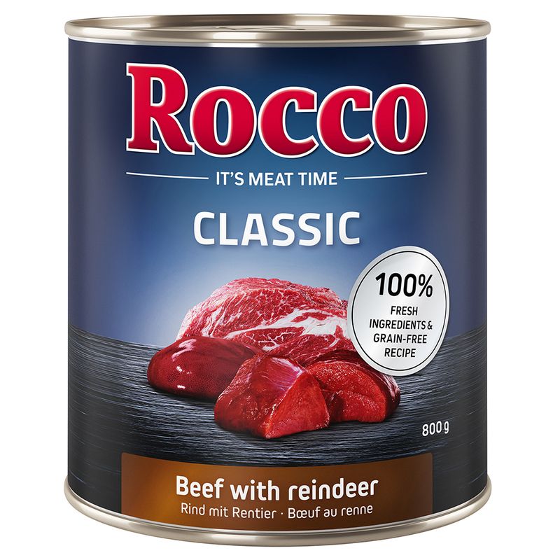 Rocco Classic beef with reindeer, 800g can. 100% fresh ingredients and grain-free recipe.