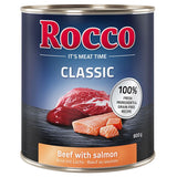 Rocco Classic wet food, beef with salmon, 800g. 100% fresh ingredients and grain-free recipe.