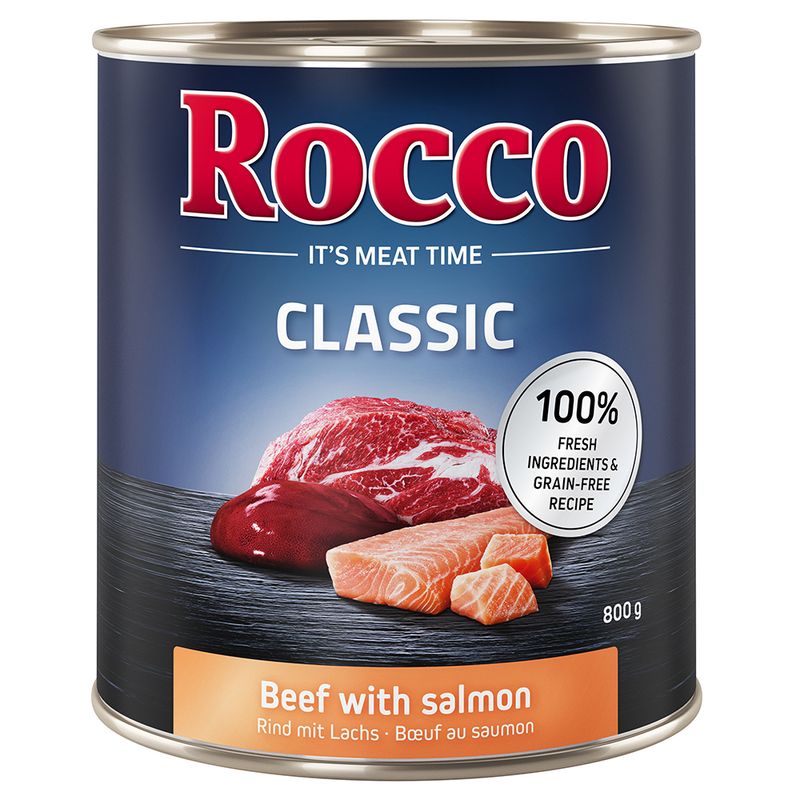 Rocco Classic wet food, beef with salmon, 800g. 100% fresh ingredients and grain-free recipe.