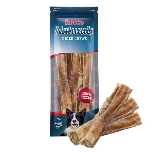 Rocco Naturals dried chews, 100% pizzle. Packaging with dried chew snacks and dog image. Text: 'The natural treat!'.