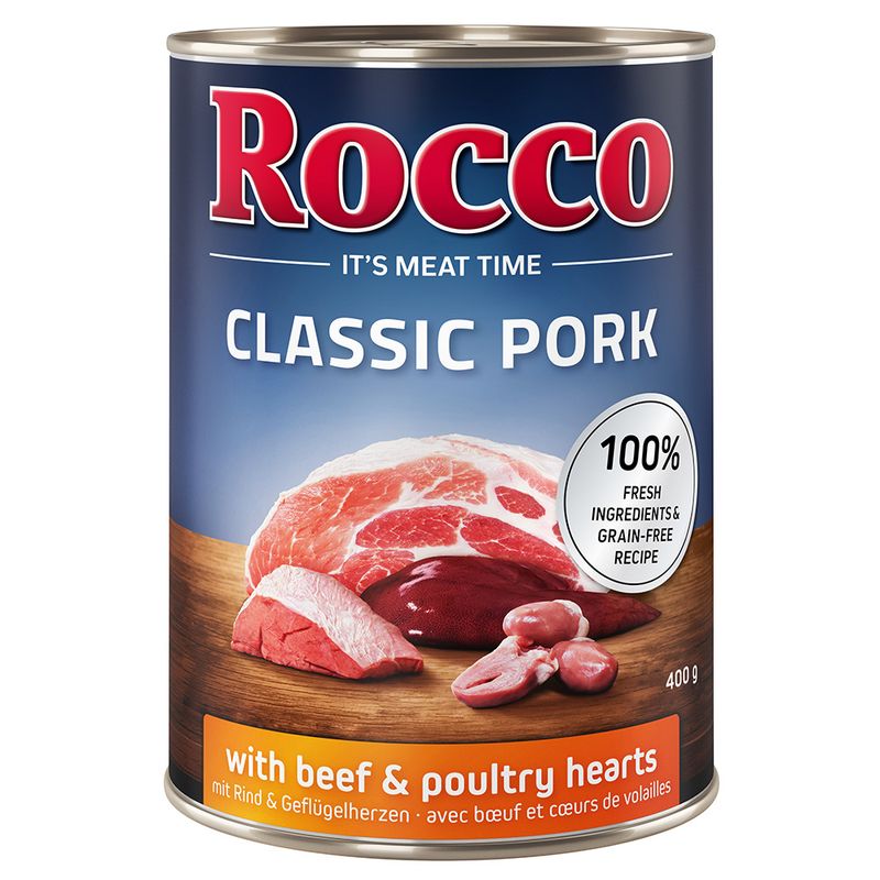 Rocco Classic Pork, 400g can. With beef and poultry hearts. 100% fresh ingredients, grain-free recipe.
