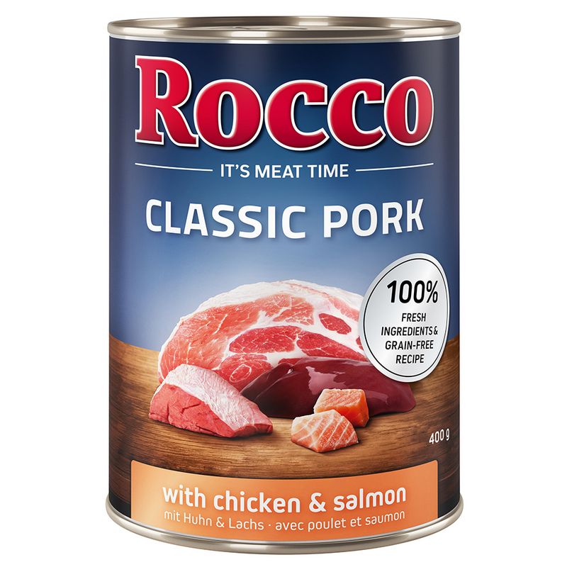 Rocco Classic Pork, 400g can. With chicken and salmon, 100% fresh ingredients, grain-free recipe.