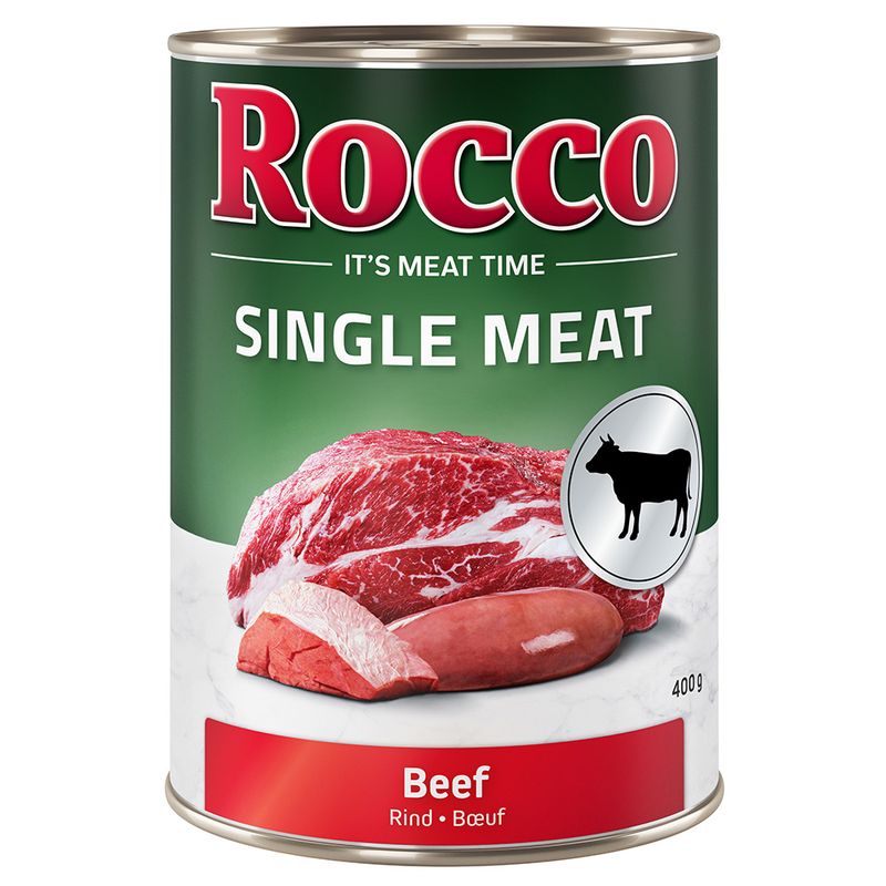 Rocco Single Meat beef, 400g can. It's Meat Time. Image of raw beef and cow symbol.