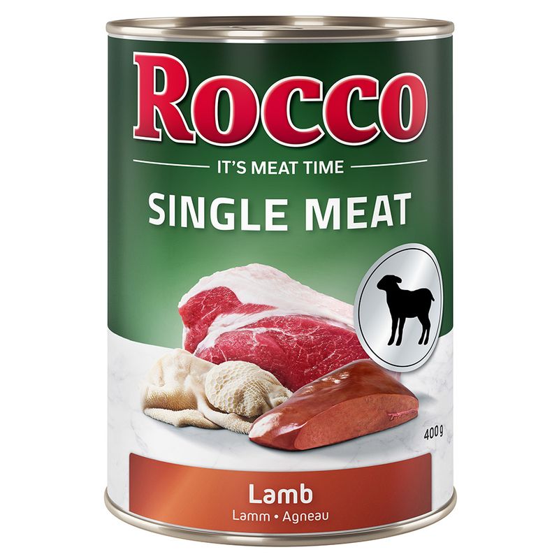Rocco Single Meat Lamb, 400g can. Visible ingredients: meat pieces and offal. Text: It's Meat Time, Lamb in German, English and French.