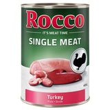 Rocco Single Meat turkey, 400g can. Image of turkey meat and offal with black turkey symbol.