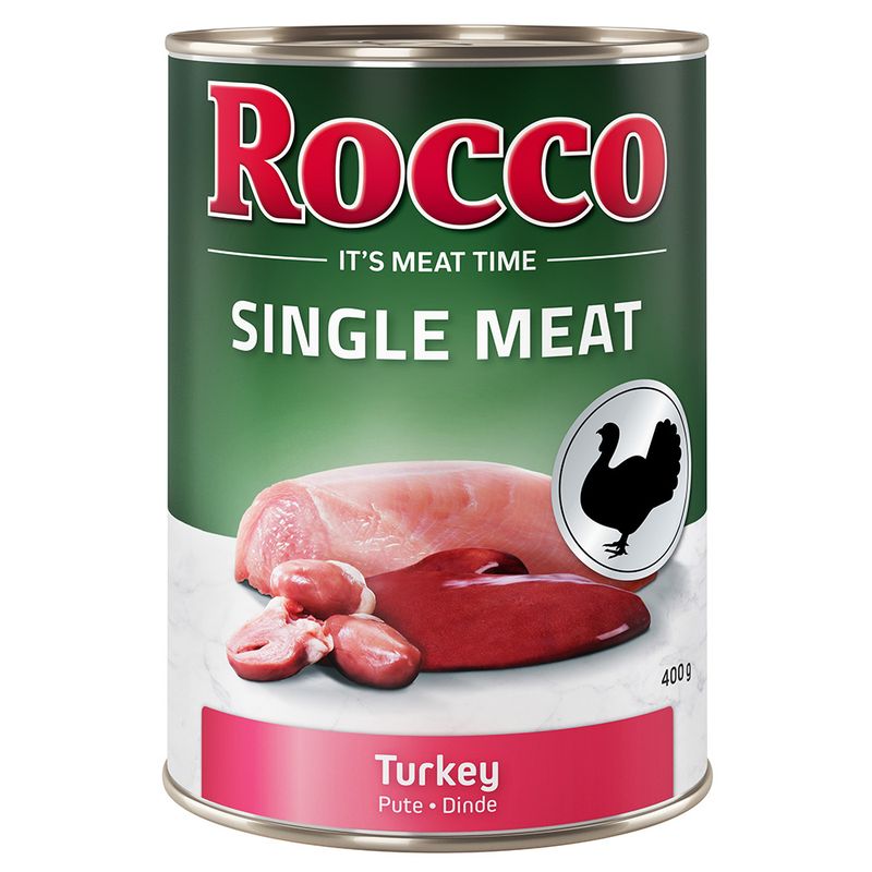 Rocco Single Meat turkey, 400g can. Image of turkey meat and offal with black turkey symbol.