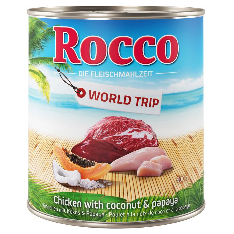 Tin labelled 'World Trip' showing chicken with coconut and papaya, with visible pieces of meat, coconut, and papaya on the front. 800g.