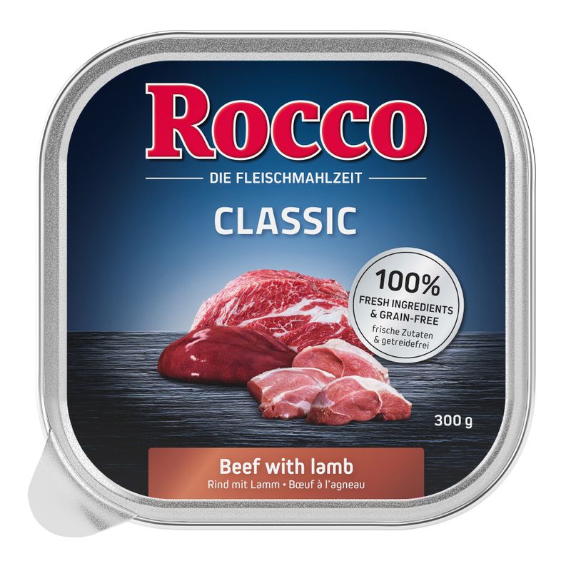 Rocco Classic, the meat meal. Beef with lamb. 100% fresh ingredients and grain-free. 300g can.