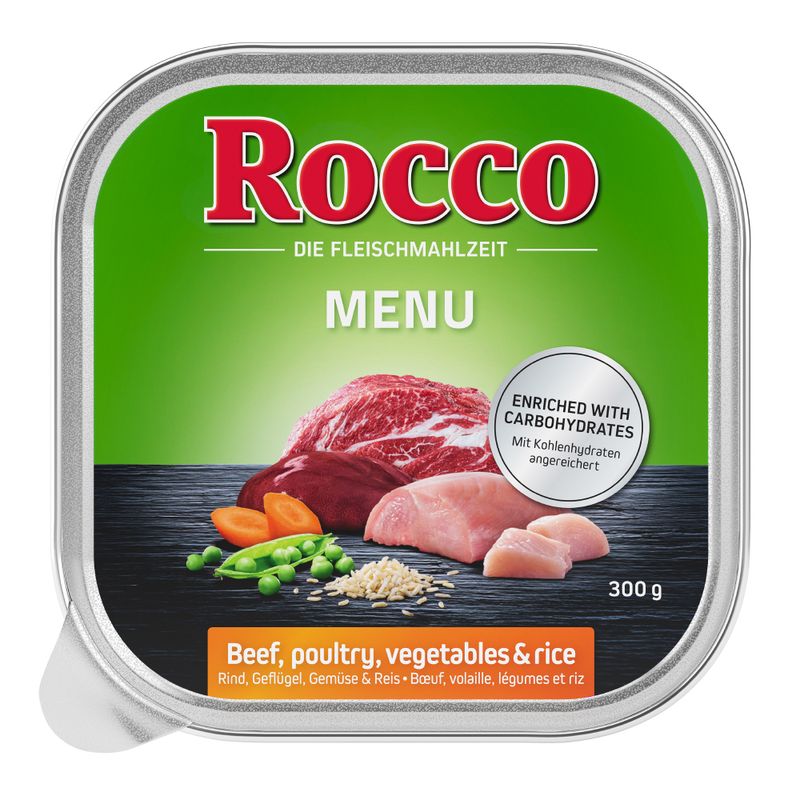 Rocco Menü, 300g. Beef, poultry, vegetables & rice. Enriched with carbohydrates.