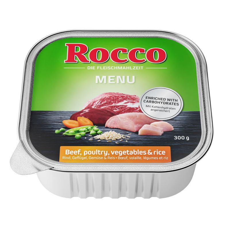 Rocco Menu, 300g. Beef, poultry, vegetables & rice. Enriched with carbohydrates.